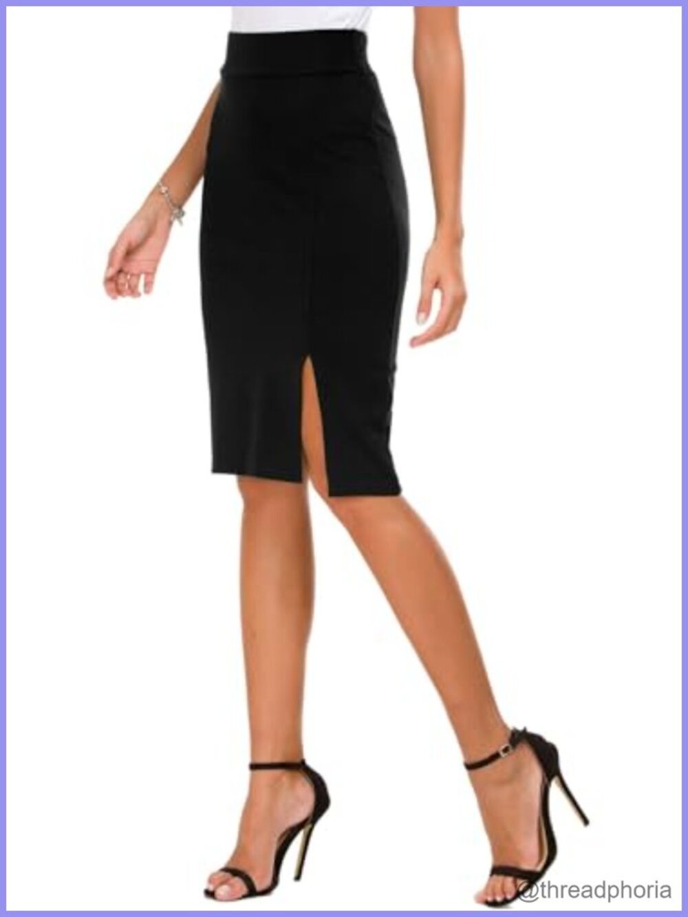 Knee Length Stretch Pencil Skirt High Waisted Bodycon Midi Side Slit